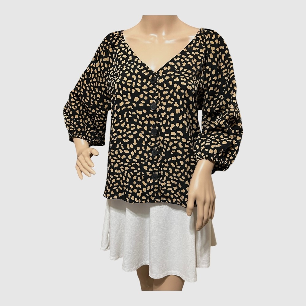 Sanctuary Women's Spotted Animal Print Top Blouse M Black Gold Button Trendy NEW